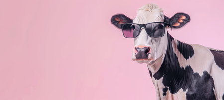 Cheerful cow donning trendy sunglasses posing against a serene pastel color studio backdropの素材