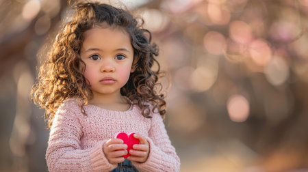 Curly haired girl in pink sweater among cherry blossom trees in city park during golden hourの素材