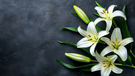 Elegant funeral lily on dark black background with spacious area for text insertionの素材