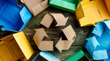 Assorted recyclable paper and cardboard with recycling symbol on neutral backgroundの素材