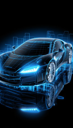 Futuristic electric black car on holographic wireframe digital technology backgroundの素材