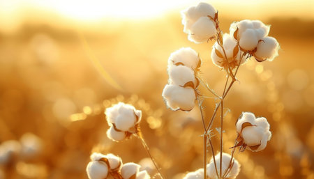 Sunny summer field with cotton balls on branch, offering ample copy space for text placementの素材