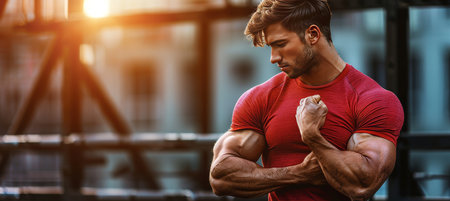 Muscular man flexing with copy space on blurred background, perfect for text and design concepts.の素材