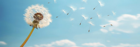 Dandelion seed drifting in the wind, with copy space for text placement and dreamy atmosphereの素材