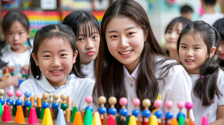 Preschool teacher engaging children with vibrant wooden toys in playful learning activityの素材