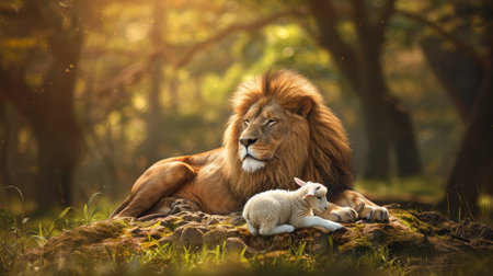 Peaceful coexistence  lion and lamb living together in harmony, a serene display of unityの素材