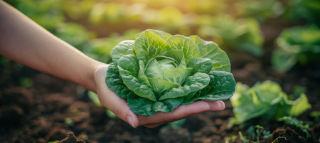 Fresh crisp lettuce leaves held in hand, selective focus on lettuce with copy spaceの素材