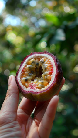 Passion fruit selection  hand holding ripe passion fruit on blurred background with copy spaceの素材