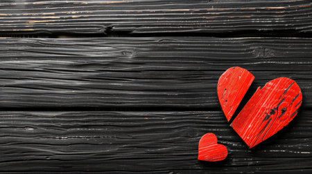 Broken red heart symbol on dark wood background, ideal for emotional concepts and themesの素材