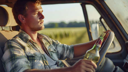 Man driving under alcohol influence, holding wine bottle   concept of drunk driving.の素材