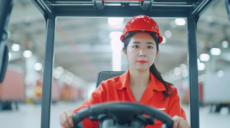 Female foreman drives forklift, engineer operates reach stacker in container yard logistics area.の素材