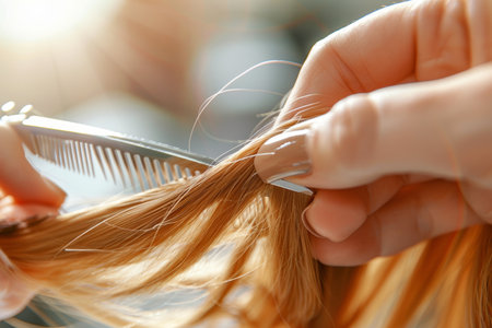 Barber s reflection in gleaming tool trimming woman s hair in modern grooming spaceの素材