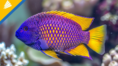 Vibrant royal gramma fish swimming amidst colorful corals in saltwater aquarium environmentの素材