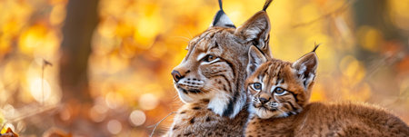 Male lynx and cub portrait with text space on left, object on right   ideal for informative contentの素材