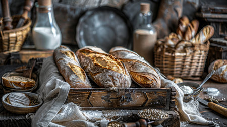 French baguette on kitchen table   stock photo of freshly baked bread in a rustic kitchen settingの素材