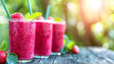 Selective focus on fresh strawberry smoothie for detox diet  healthy vegetarian eating conceptの素材