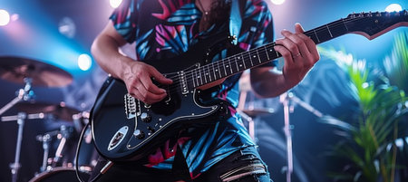 Guitarist passionately performing a song in a recording studio during a music sessionの素材