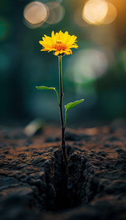 Macro shot of tiny flower blooming on cracked pavement   beauty of nature s resilienceの素材
