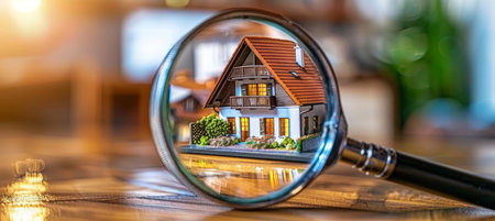 Magnifying glass reveals house model, symbolizing exploration in real estate marketの素材