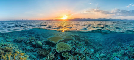 Great barrier reef coral ecosystem split view at golden hour sunset, queensland, australiaの素材