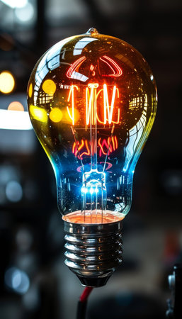 Neon light bulb casting glow in empty space, free area for creative concepts and ideasの素材