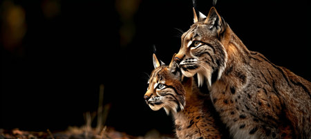 Male lynx and lynx cub with space for text, object on right side, ideal for captionsの素材