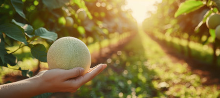 Hand holding honeydew melon on blurred background with copy space for text placementの素材