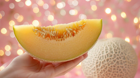 Hand holding cantaloupe slice with select cantaloupes on blurred background, copy space availableの素材