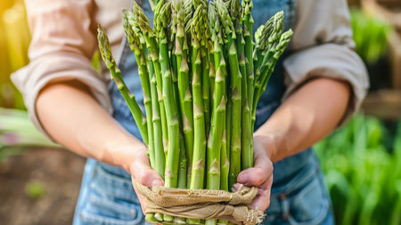 Fresh asparagus bunch held by hand, selection on blurred background with copy spaceの素材
