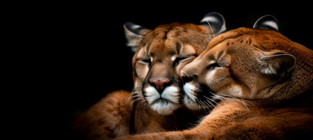 Male cougar and cub portrait with ample text space, object on right side for balanced compositionの素材