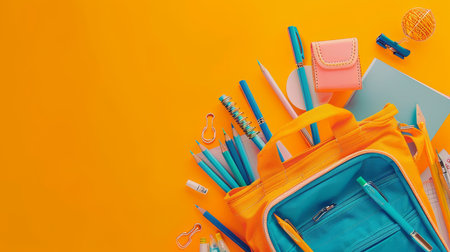 School bag essentials  stationery supplies banner design on orange background with copy spaceの素材