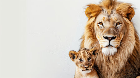 Male lion and cub portrait with space for text, object on right side, ideal for adding textの素材