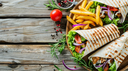 Top view of traditional sandwiches and french fries on wooden table with space for textの素材