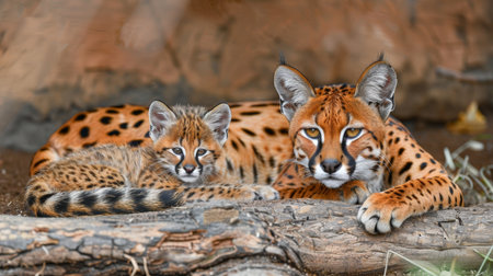 African golden cat and kitten portrait with empty space for text, object on right sideの素材