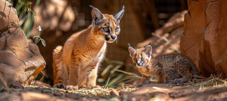 Male caracal and kitten portrait with space for text and object on right side for captionsの素材
