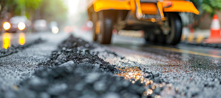 Asphalt paver machine applying hot asphalt on the surface of a newly constructed roadの素材