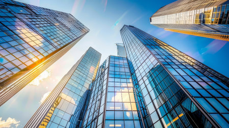 Reflective skyscrapers and business offices against clear blue sky in urban settingの素材