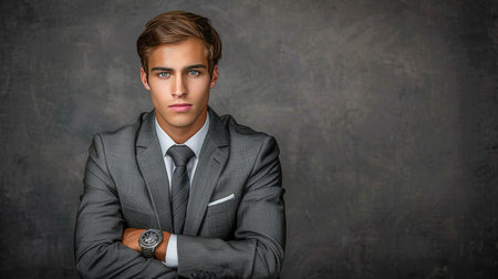 Stylish male model in sleek studio with dramatic lighting, perfect for high end fashion campaignsの素材