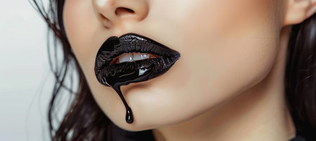 Elegant model with black paint drips, glossy lips, and metallic skin for captivating lookの素材
