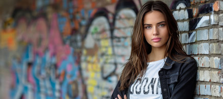 Edgy urban model with trendy makeup in vibrant graffiti art scene   fashion promoの素材