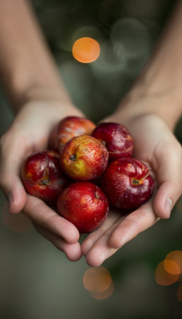 Fresh nectarine held in hand with selection on blurred background, copy space availableの素材
