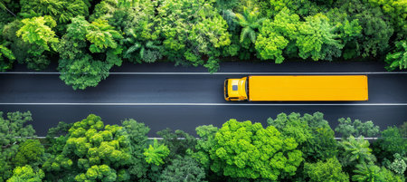Aerial drone view of car and truck driving on road through beautiful lush green forest sceneryの素材