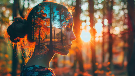 Abstract double exposure of woman and forest landscape creating artistic silhouetteの素材