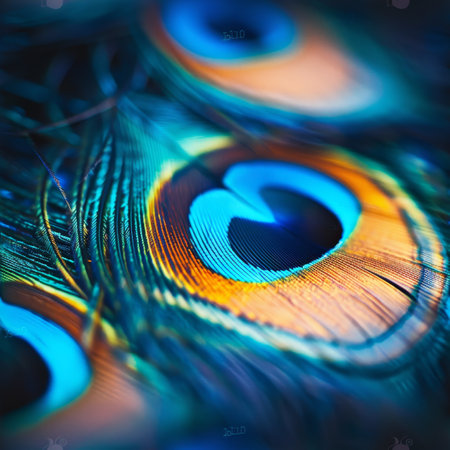 Vibrant close up images of intricate peacock feathers creating a stunning backdropの素材
