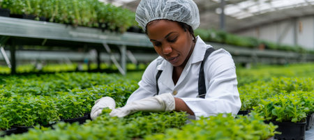 Biology scientist working in vertical farm next to rack of natural eco plants with copy spaceの素材