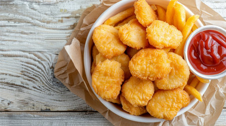 Top view of traditional chicken nuggets and french fries on wooden table with copy spaceの素材