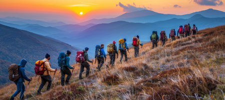 Adventurous group of people hiking together in the mountains at sunset during a summer trekの素材