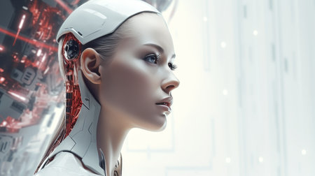 Futuristic white ai humanoid robot portrait with copy space for text placement concept.の素材