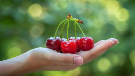 Hand holding fresh sweet cherries with blurred background and space for text placementの素材
