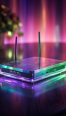 High speed router hologram for secure home networks and online communication on blurred background.の素材